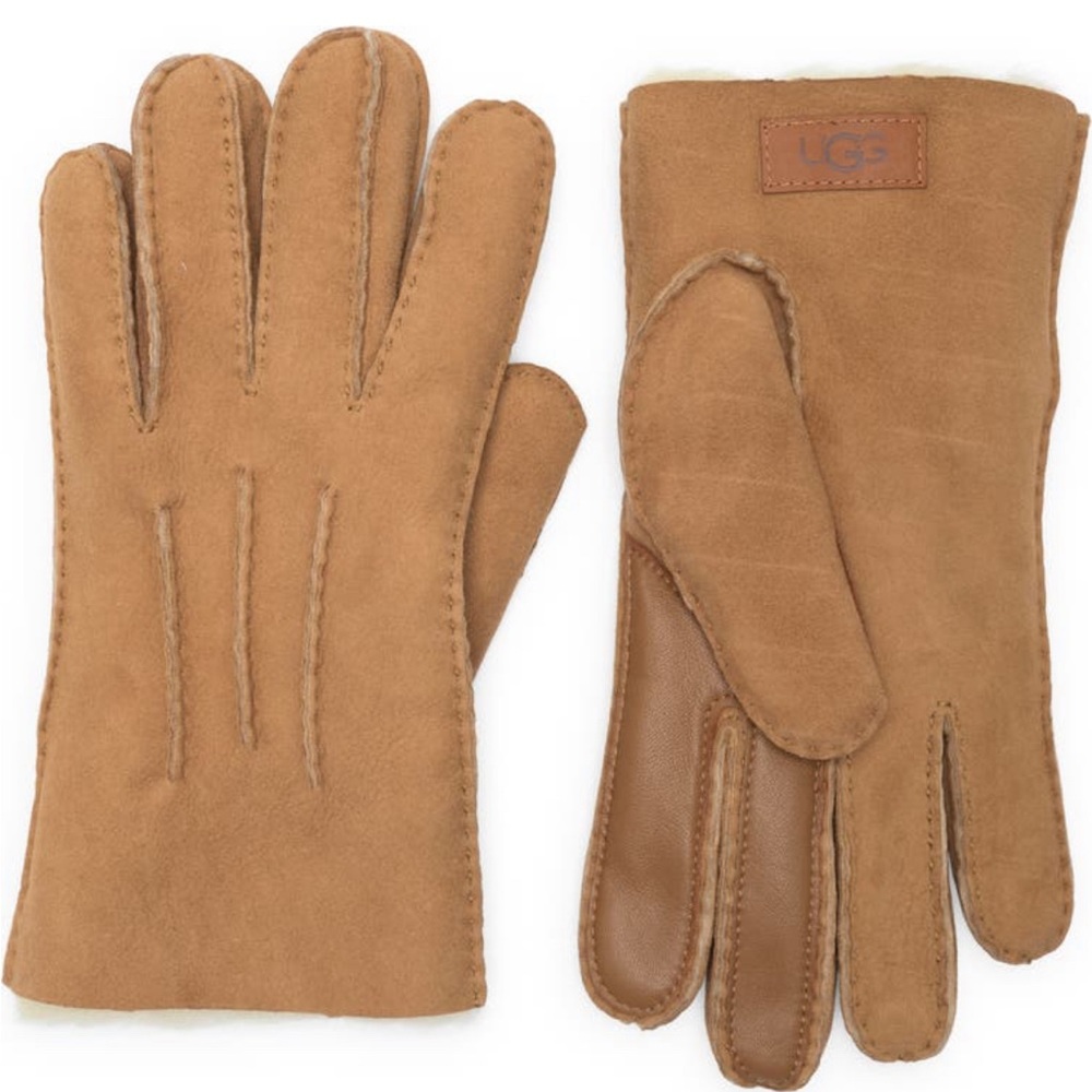 NWT - UGG LEATHER GENUINE SHEARLING LINED GLOVES (CHESTNUT)